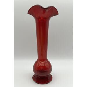 Hand Blown Ruby Red 10” Art Glass Fluted Ruffled Vase w Footed Base Crackle Bowl